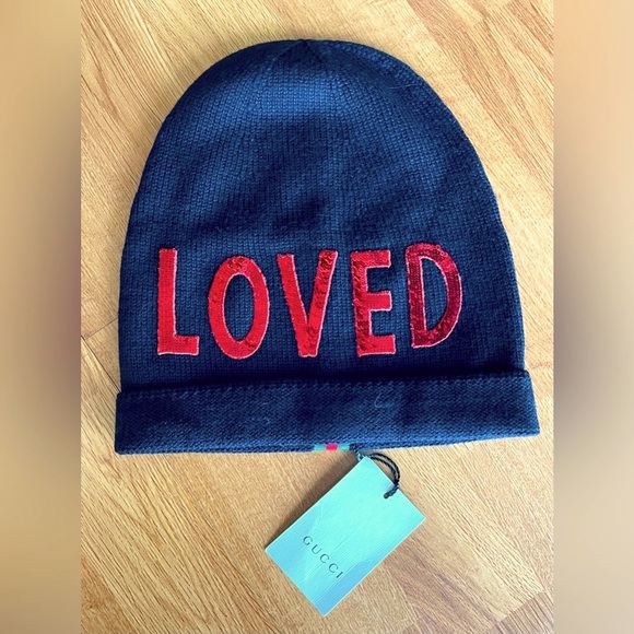 Gucci LOVED Beanie Black Wool Beanie Toque Skullie Hat Made in Italy Size Large - Picture 1 of 5